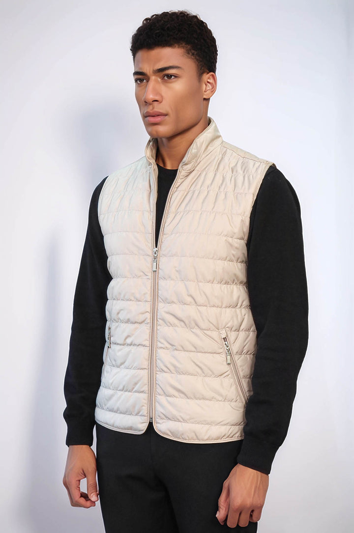 Quilted Sleeveless Beige Men Down Vest - Wessi