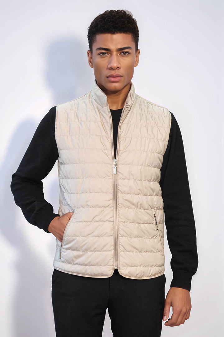 Quilted Sleeveless Beige Men Down Vest - Wessi