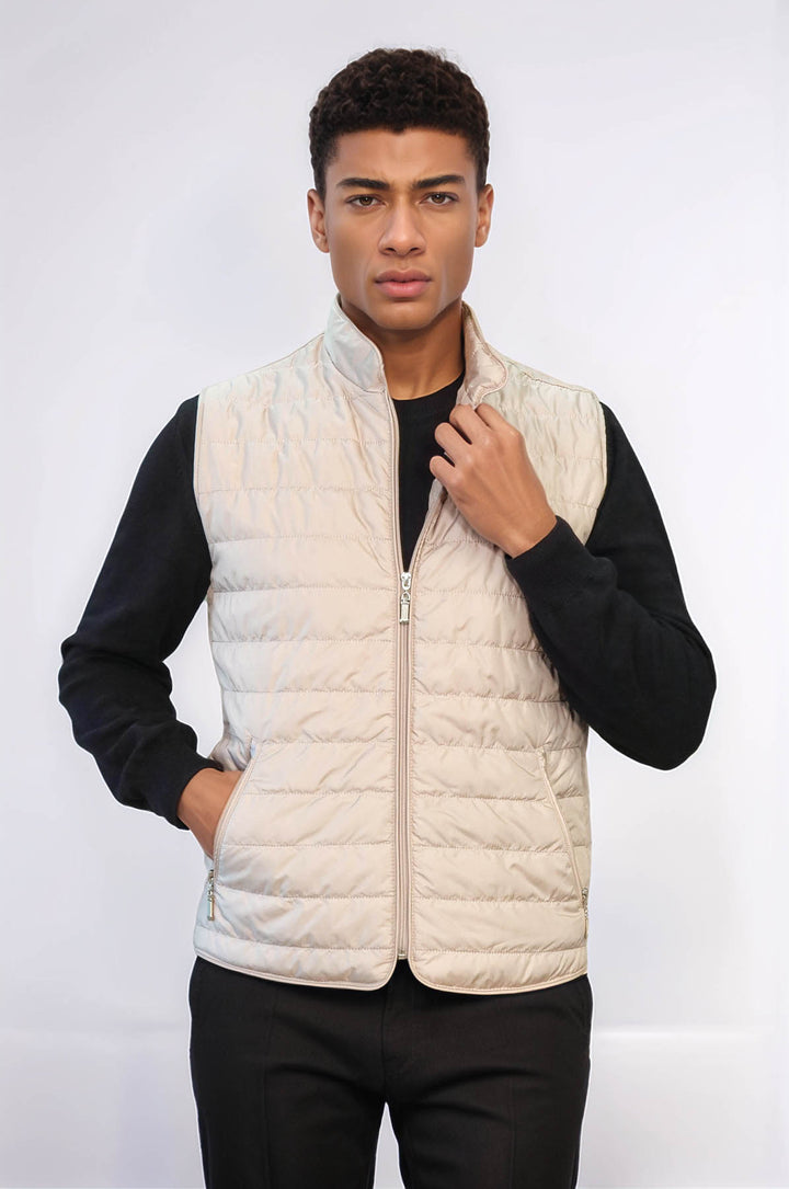 Quilted Sleeveless Beige Men Down Vest - Wessi