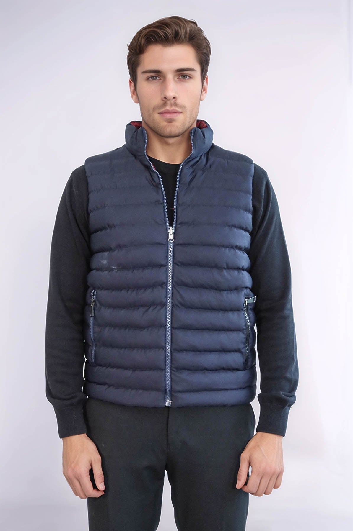 Reversible Quilted Standing Collar Navy Blue Men Down Vest - Wessi