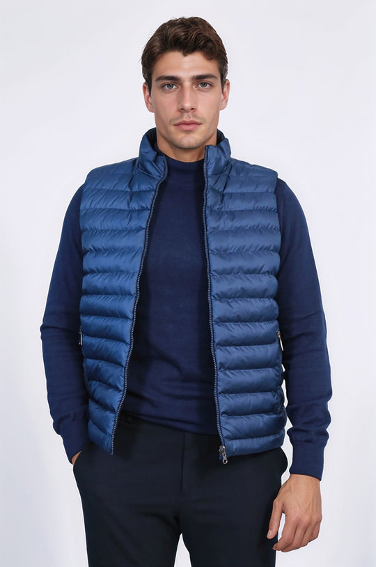 Reversible Quilted Standing Collar Blue Men Down Vest - Wessi