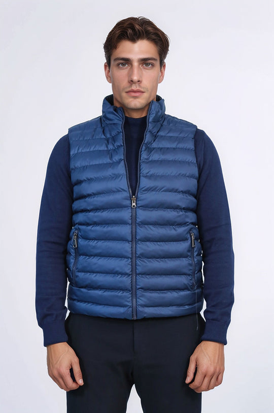 Reversible Quilted Standing Collar Blue Men Down Vest - Wessi