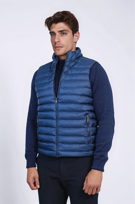 Reversible Quilted Standing Collar Blue Men Down Vest - Wessi