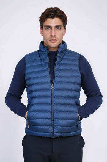 Reversible Quilted Standing Collar Blue Men Down Vest - Wessi