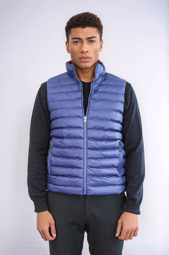 Reversible Quilted Standing Collar Indigo Blue Men Down Vest - Wessi
