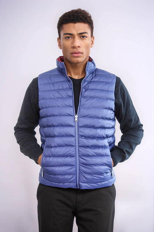 Reversible Quilted Standing Collar Indigo Blue Men Down Vest - Wessi
