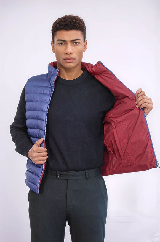 Reversible Quilted Standing Collar Indigo Blue Men Down Vest - Wessi