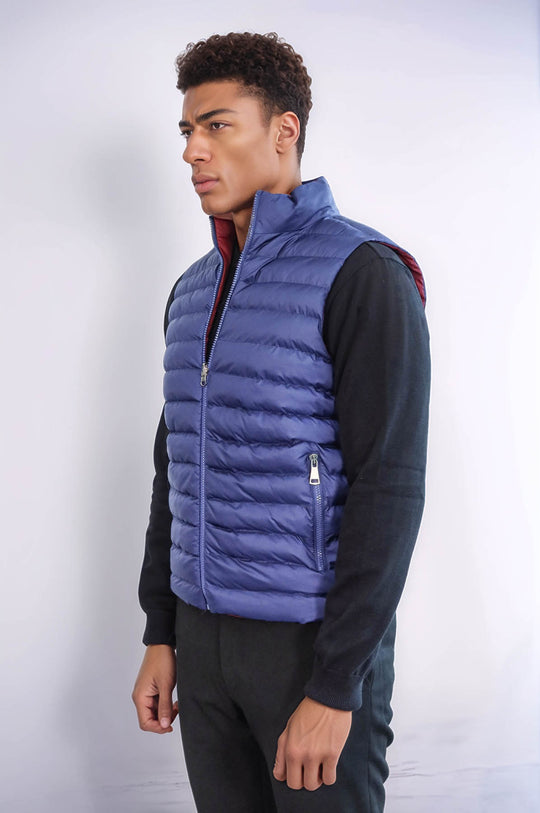 Reversible Quilted Standing Collar Indigo Blue Men Down Vest - Wessi