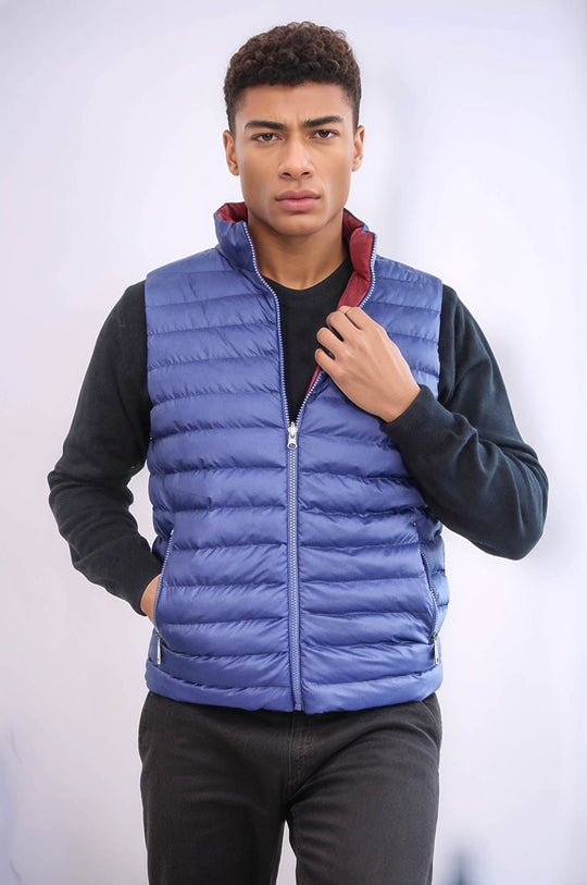 Reversible Quilted Standing Collar Indigo Blue Men Down Vest - Wessi