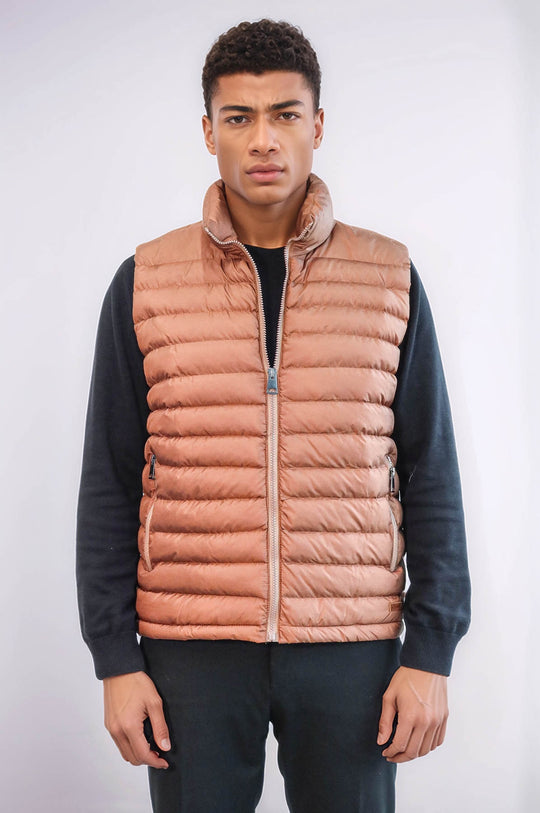 Quilted Zippered Light Brown Men Down Vest - Wessi