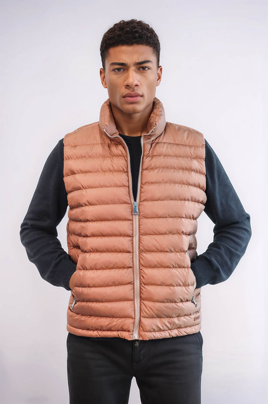 Quilted Zippered Light Brown Men Down Vest - Wessi