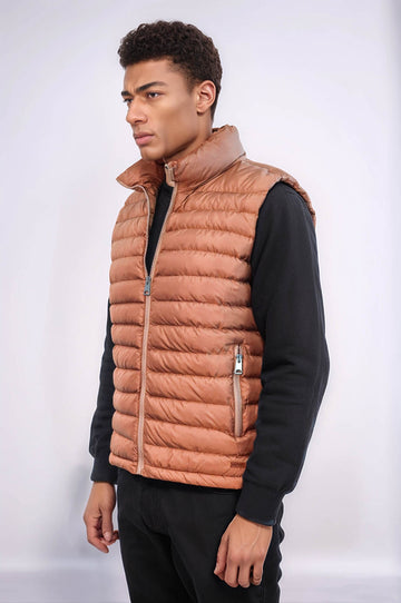 Quilted Zippered Light Brown Men Down Vest - Wessi