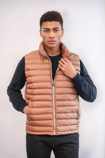 Quilted Zippered Light Brown Men Down Vest - Wessi