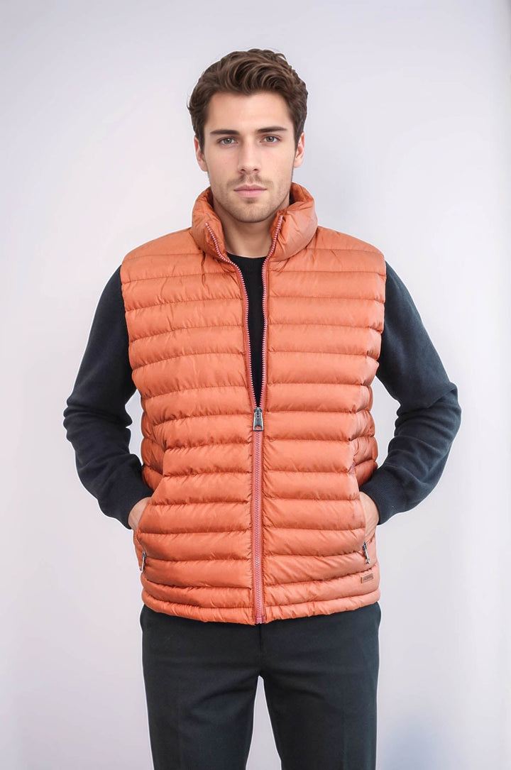 Quilted Zippered Orange Men Down Vest - Wessi