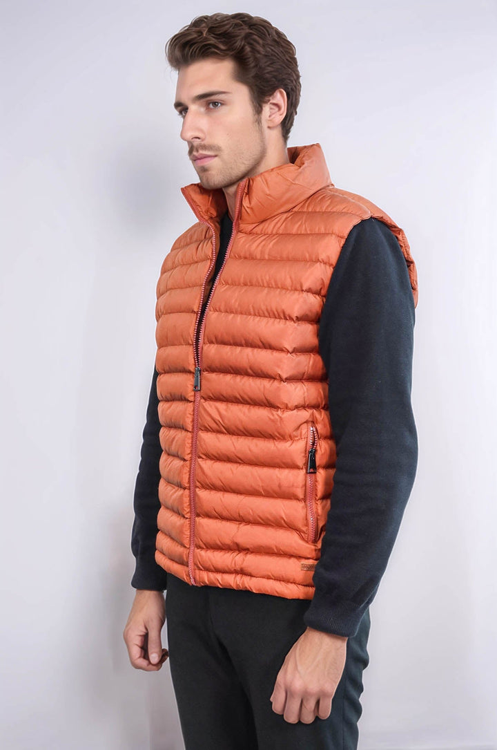 Quilted Zippered Orange Men Down Vest - Wessi