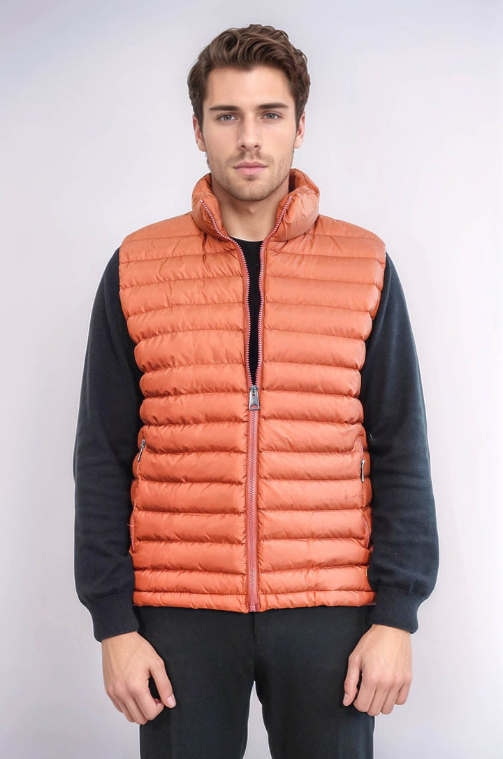 Quilted Zippered Orange Men Down Vest - Wessi