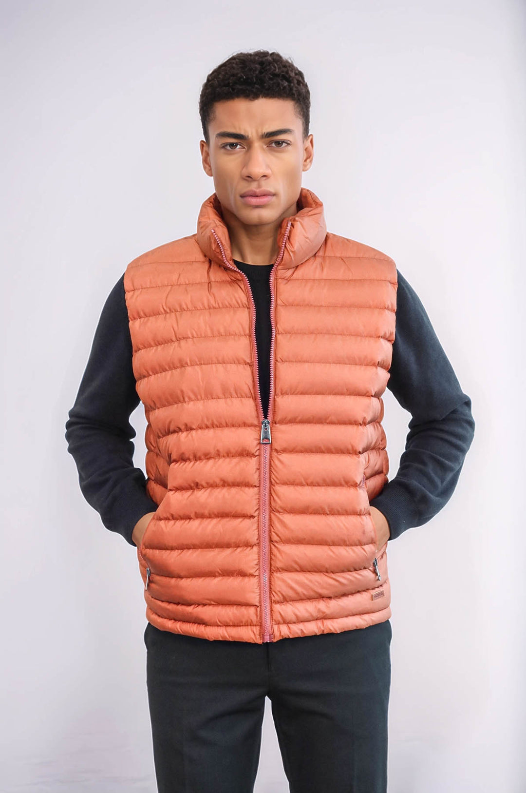 Quilted Zippered Orange Men Down Vest - Wessi