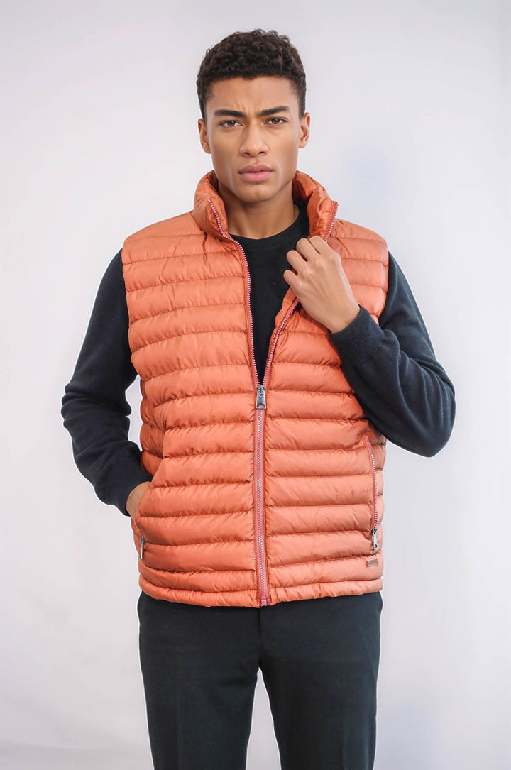 Quilted Zippered Orange Men Down Vest - Wessi
