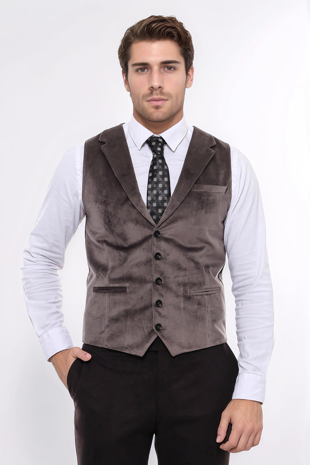 Plain Collared Brown Men Vest - Wessi