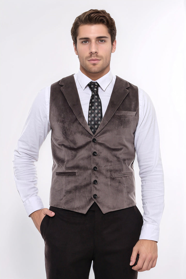 Plain Collared Brown Men Vest - Wessi