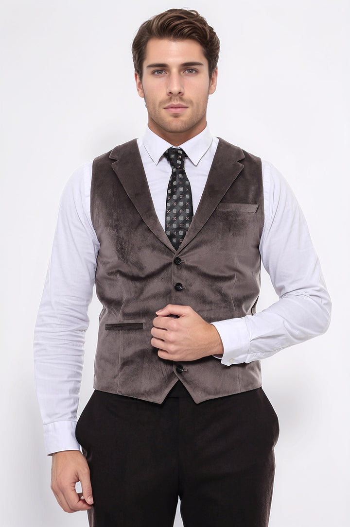 Plain Collared Brown Men Vest - Wessi