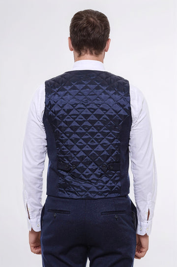 Patterned Double Breasted Dark Navy Men Vest Trousers Set - Wessi
