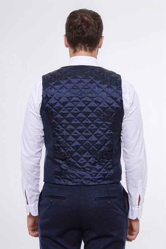 Patterned Double Breasted Dark Navy Men Vest Trousers Set - Wessi