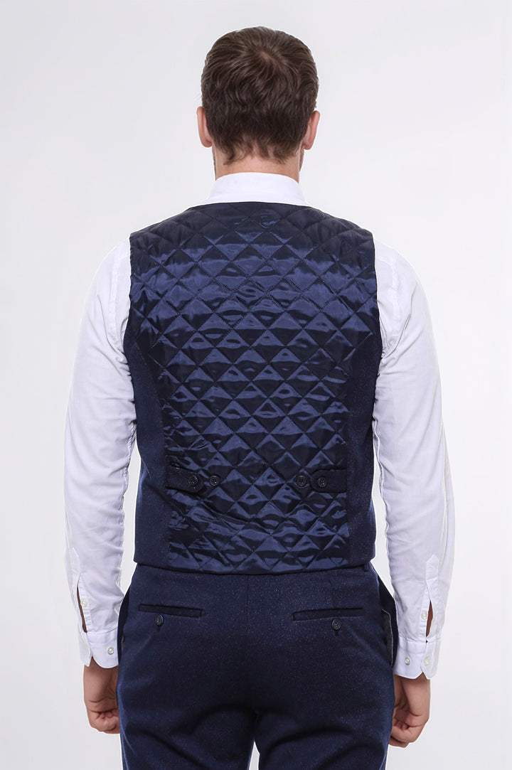 Patterned Double Breasted Dark Navy Men Vest Trousers Set - Wessi