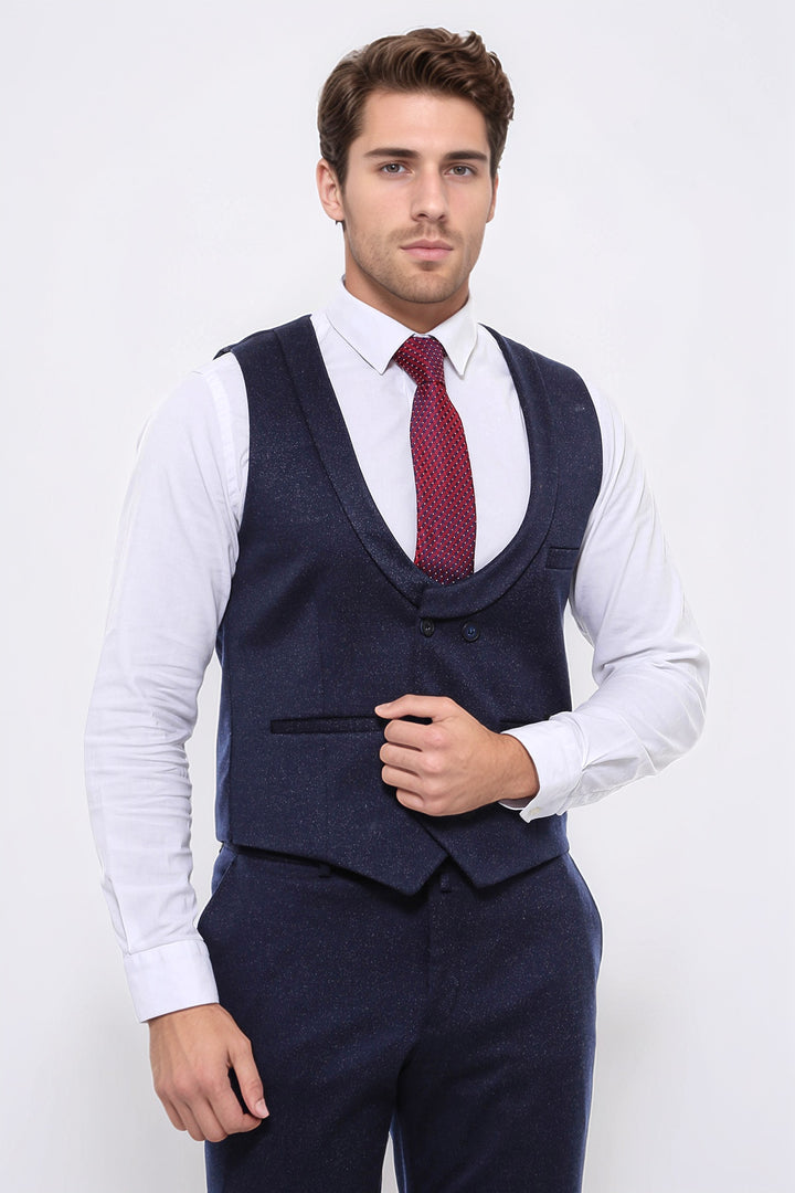 Patterned Double Breasted Dark Navy Men Vest Trousers Set - Wessi