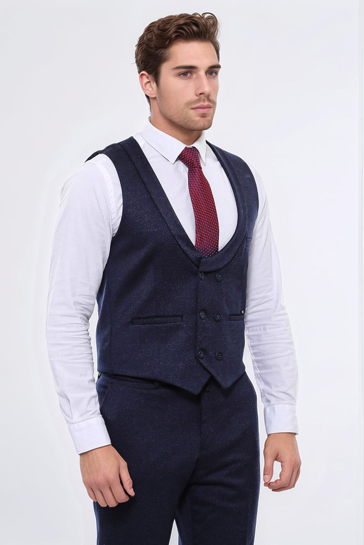Patterned Double Breasted Dark Navy Men Vest Trousers Set - Wessi