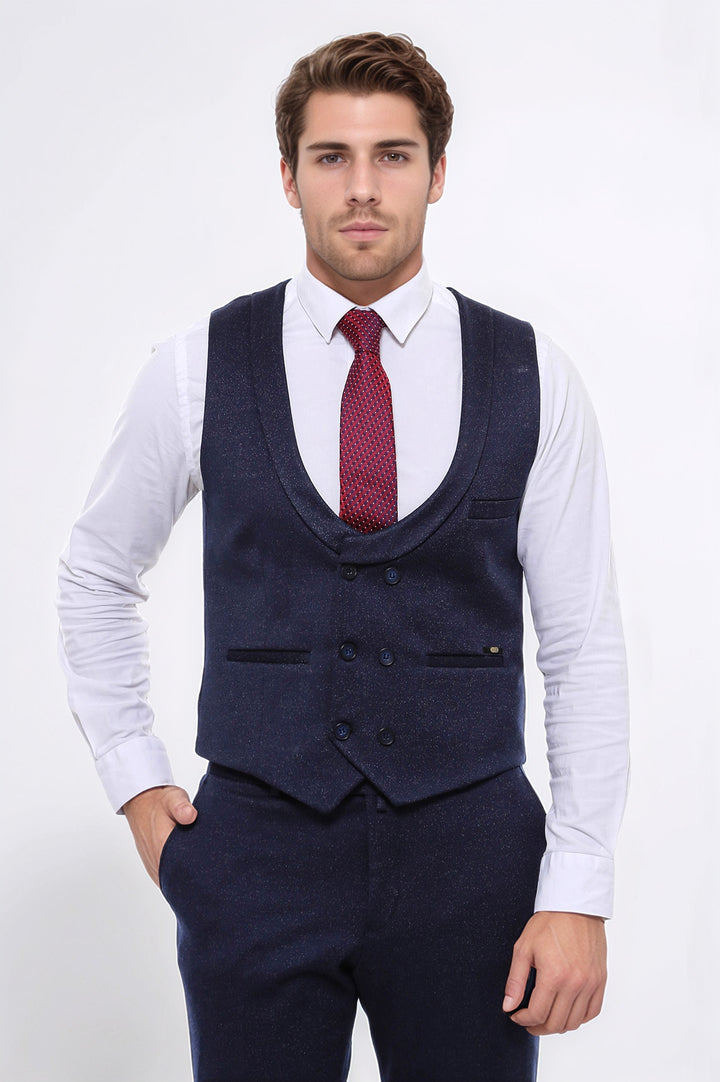 Patterned Double Breasted Dark Navy Men Vest Trousers Set - Wessi