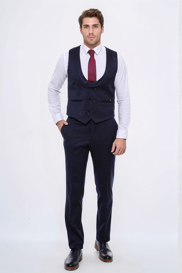 Patterned Double Breasted Dark Navy Men Vest Trousers Set - Wessi