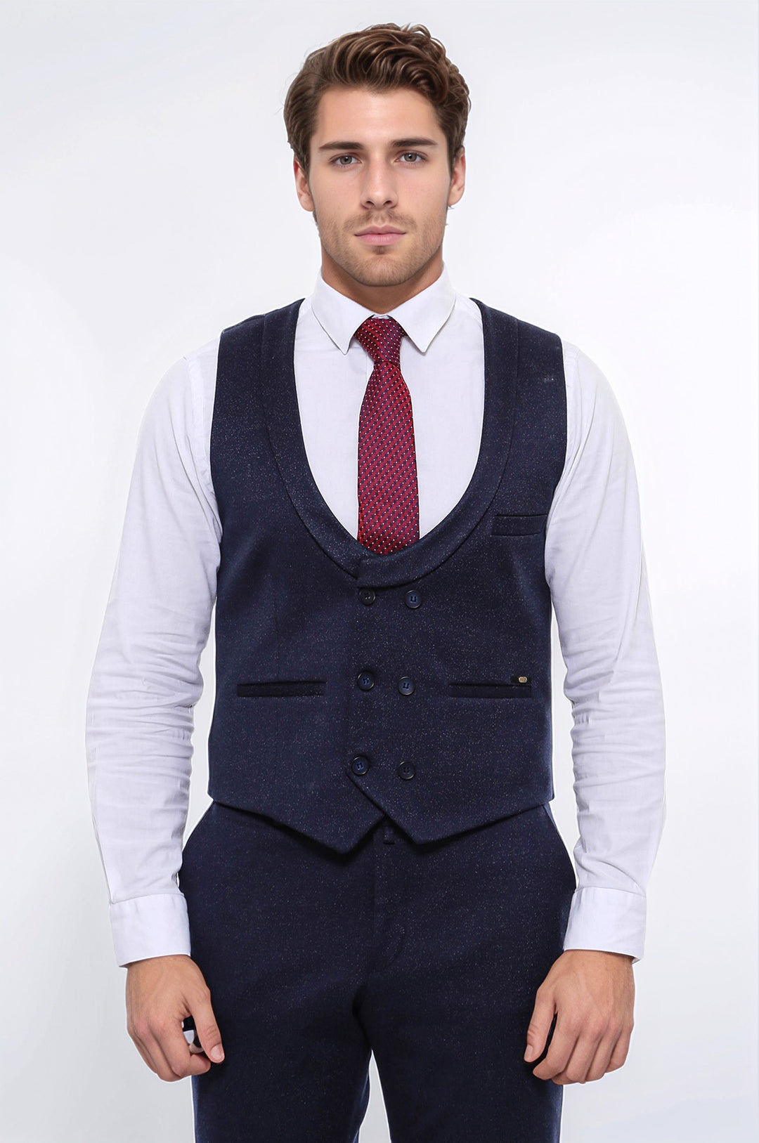 Patterned Double Breasted Dark Navy Men Vest Trousers Set - Wessi