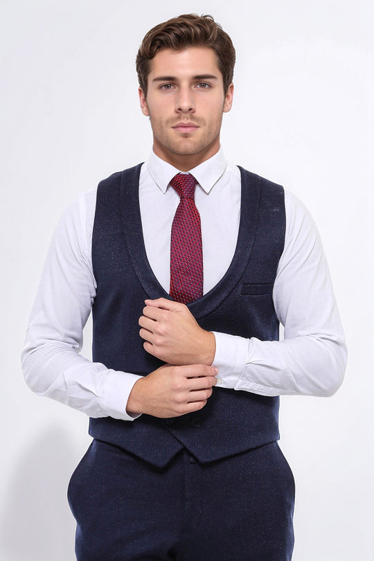 Patterned Double Breasted Dark Navy Men Vest Trousers Set - Wessi