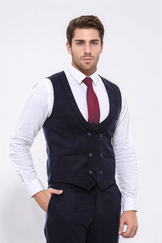 Двубортный темно-синий мужской жилет с клетчатым воротником - Wessi