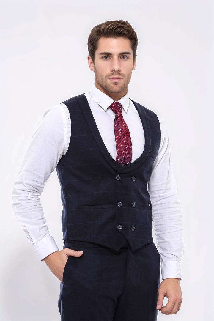 Gilet da uomo blu navy doppio petto con colletto scozzese - Wessi
