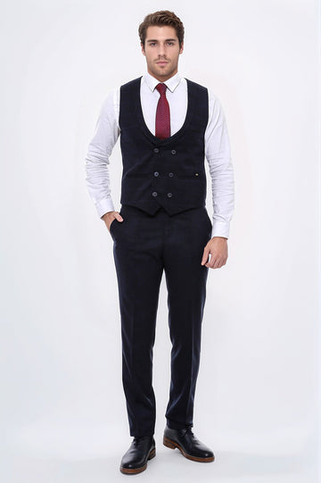 Двубортный темно-синий мужской жилет с клетчатым воротником - Wessi