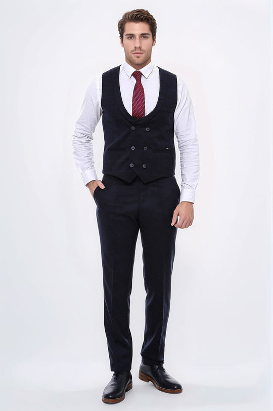 Двубортный темно-синий мужской жилет с клетчатым воротником - Wessi