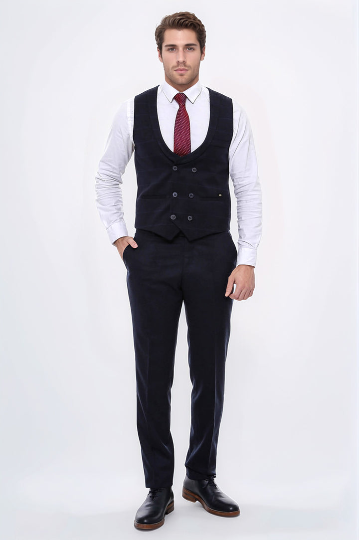 Gilet da uomo blu navy doppio petto con colletto scozzese - Wessi