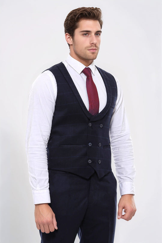 Двубортный темно-синий мужской жилет с клетчатым воротником - Wessi