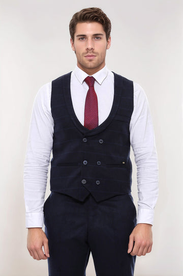 Двубортный темно-синий мужской жилет с клетчатым воротником - Wessi