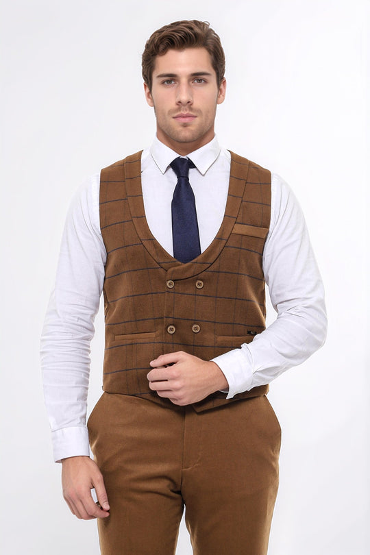 Plaid Double Breasted Tan Men Vest - Wessi