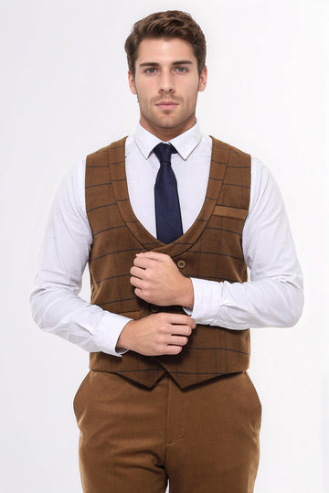Plaid Double Breasted Tan Men Vest - Wessi