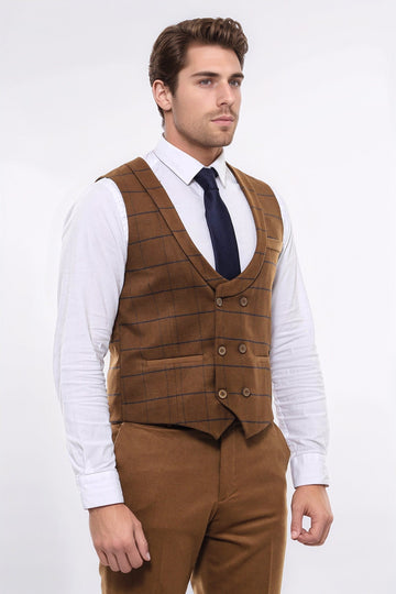 Plaid Double Breasted Tan Men Vest - Wessi