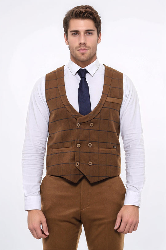 Plaid Double Breasted Tan Men Vest - Wessi