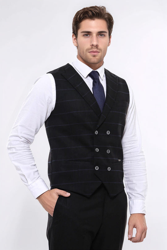 Plaid Double Breasted Collared Black Men Vest - Wessi