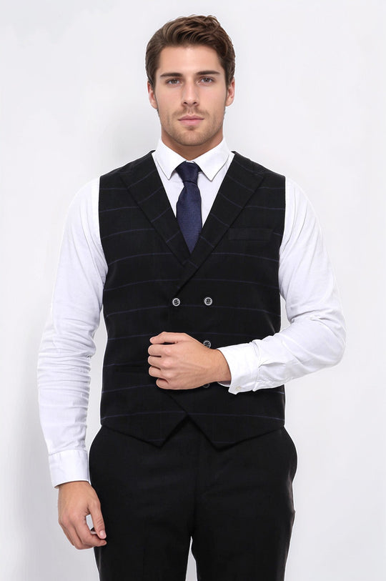 Plaid Double Breasted Collared Black Men Vest - Wessi