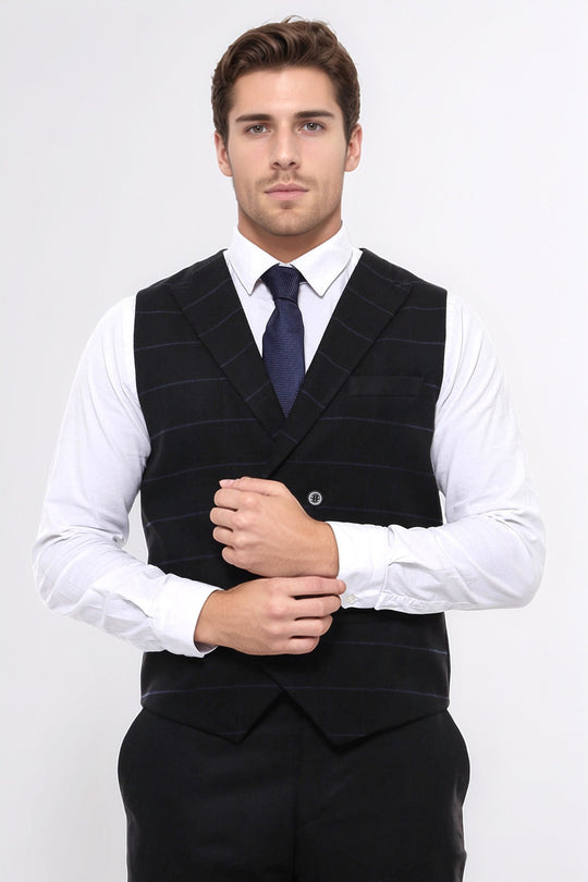 Plaid Double Breasted Collared Black Men Vest - Wessi
