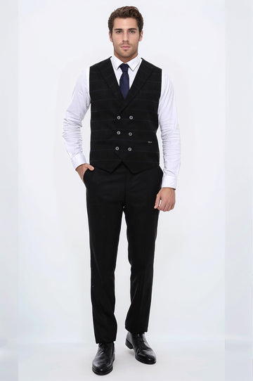 Plaid Double Breasted Collared Black Men Vest - Wessi