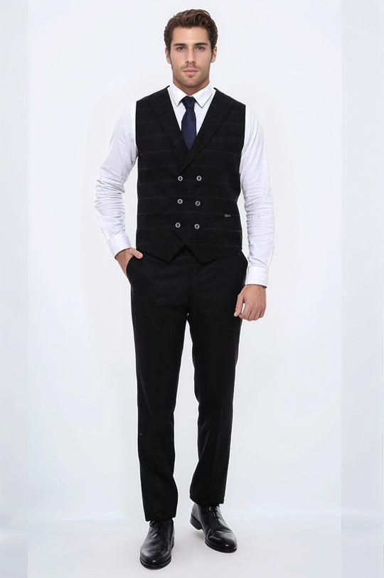 Plaid Double Breasted Collared Black Men Vest - Wessi